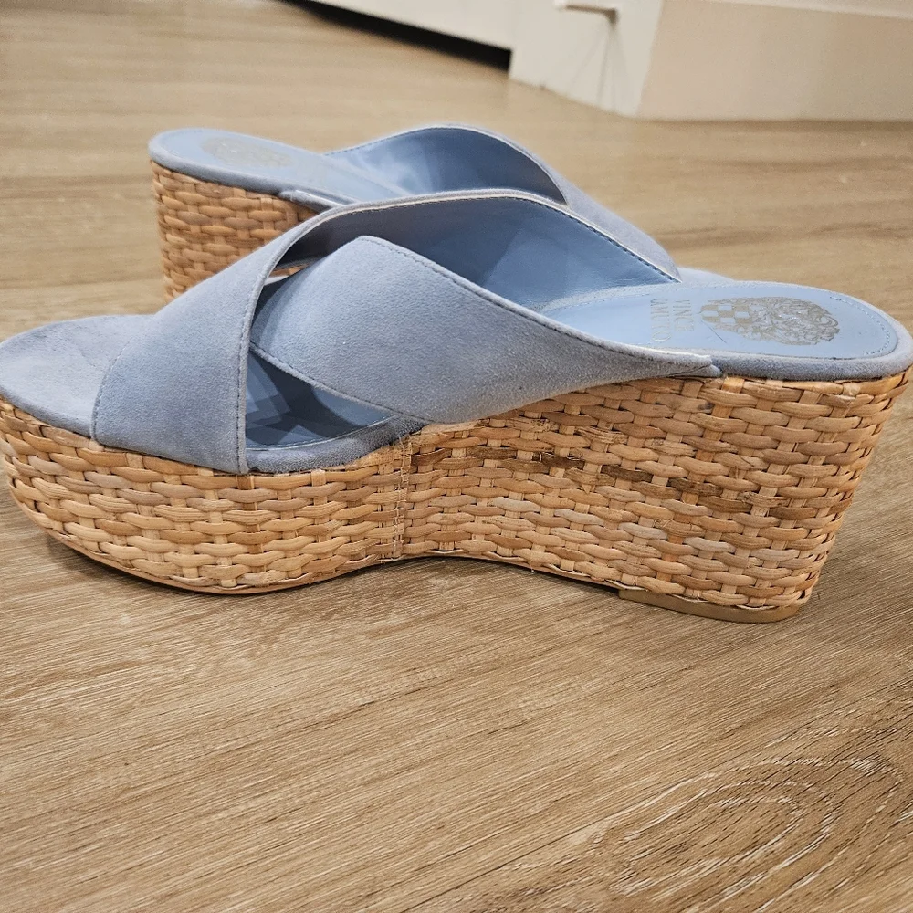 Vince Camuto Light Blue Suede Wedge Sandals with Woven Tan Platform